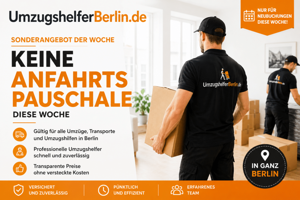 Sonderangebot von UmzugshelferBerlin.de: Keine Anfahrtspauschale diese Woche für Umzüge, Transporte und Umzugshilfe in Berlin.