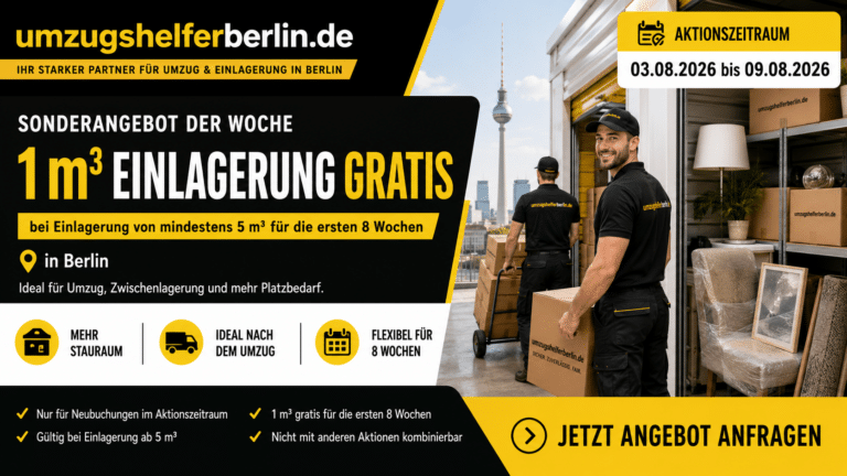 Sonderangebot von UmzugshelferBerlin.de: 1 m³ Einlagerung gratis bei Lagerung ab 5 m³ in Berlin vom 03.08.2026 bis 09.08.2026.