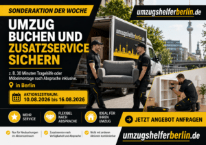 Sonderaktion von UmzugshelferBerlin.de: Umzug in Berlin buchen und Zusatzservice wie Tragehilfe oder Möbelmontage sichern.