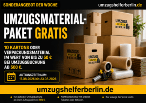 Sonderangebot von Umzugshelferberlin.de mit 10 kostenlosen Umzugskartons oder Verpackungsmaterial im Wert von bis zu 50 €.