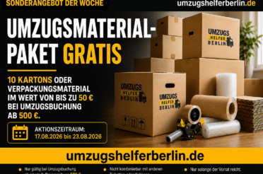 Sonderangebot von Umzugshelferberlin.de mit 10 kostenlosen Umzugskartons oder Verpackungsmaterial im Wert von bis zu 50 €.