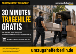 Sonderangebot von UmzugshelferBerlin.de: 30 Minuten Tragehilfe gratis bei Umzug mit mindestens zwei Helfern und Transportfahrzeug in Berlin.